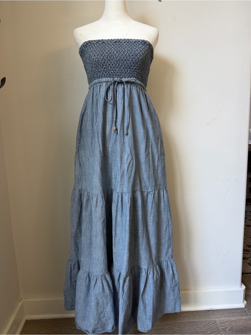 Strapless Smocked Maxi Dress in Chambray Blue